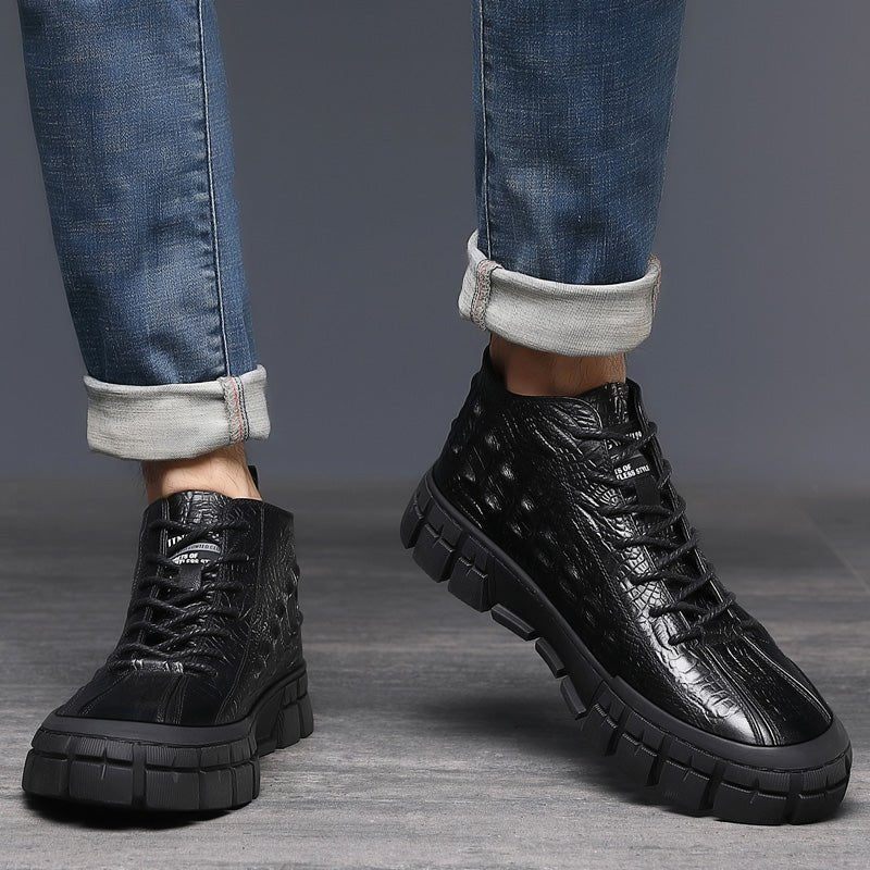 Herren-sneakers Leder-plateau-schnür-freizeitschuhe - Schwarz