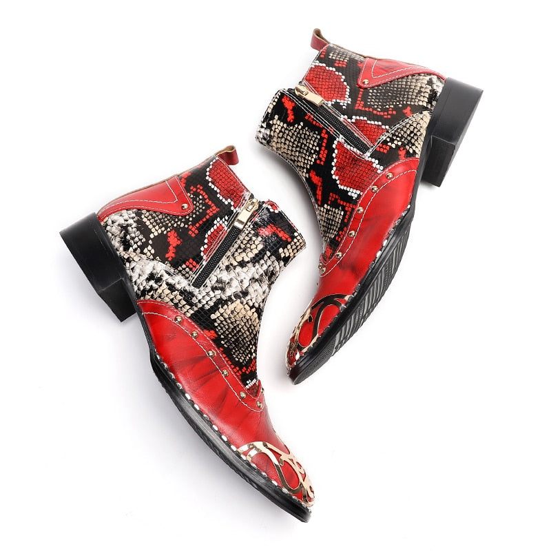 Herrenstiefel Aus Schlangenleder Schicke Party-loafer Mit Quadratischem Absatz - Rot